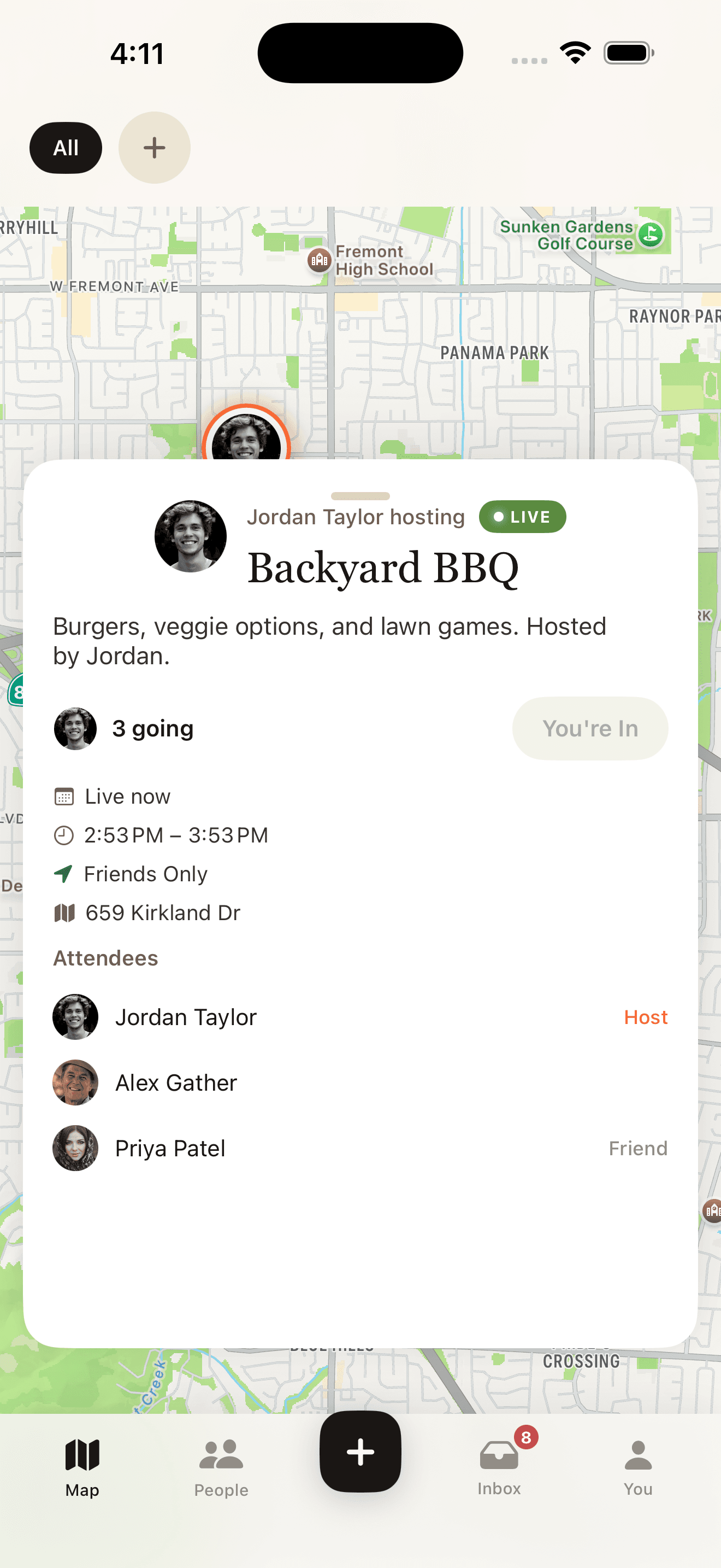 Event details view in Gather, showing an in-progress event with RSVP status and attendees